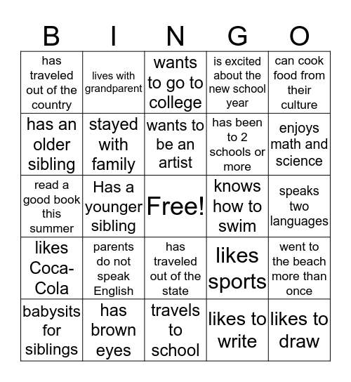Getting to Know You- Find Someone who... Bingo Card