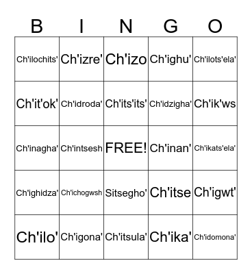 Dinak'i Ch'izre' (Body) Bingo Card