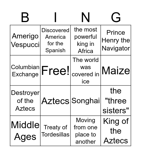 American History I: Unit One Test Bingo Card