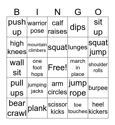 Exercise Bingo Card