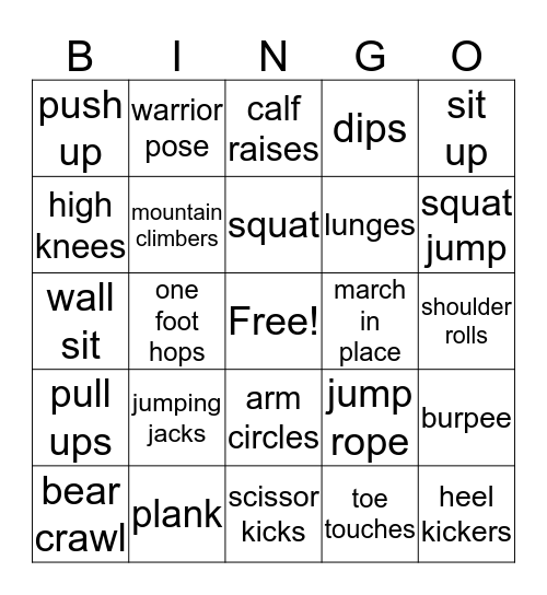 Exercise Bingo Card