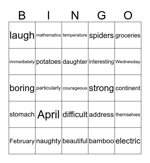 Trivia Words Bingo Card