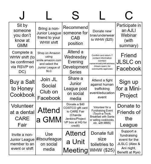 Junior League Bingo Card