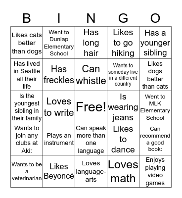 Get To Know Your Classmates...Find Someone Who Bingo Card