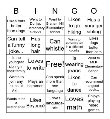 Get To Know Your Classmates...Find Someone Who Bingo Card
