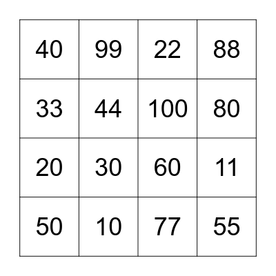 Number Bingo  Bingo Card