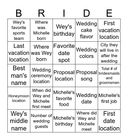 Michelle's Bridal Shower Bingo! Bingo Card