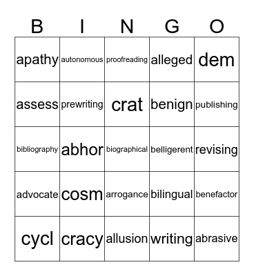 Vocabulary #2 Bingo Card