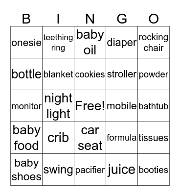 Baby Things Bingo Card