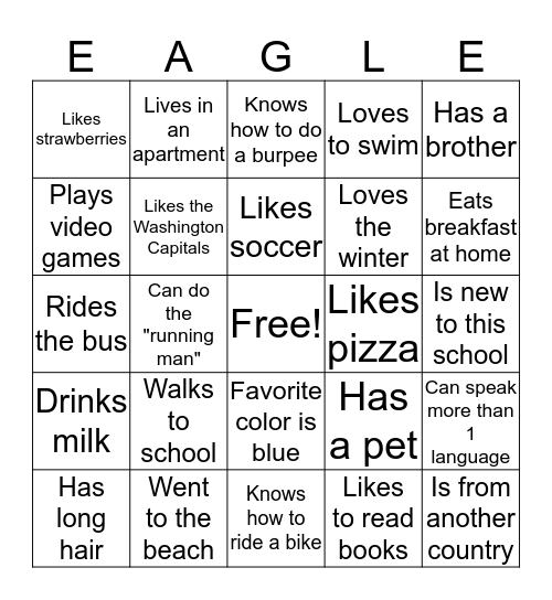 Get to know you in PE Bingo Card