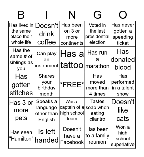 Intro bingo Card