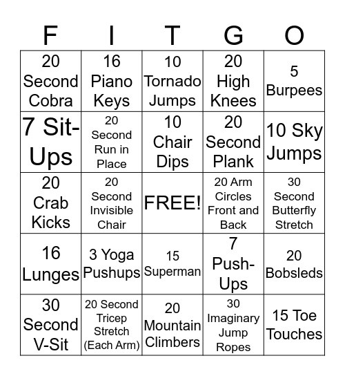 Fitness Bingo Card