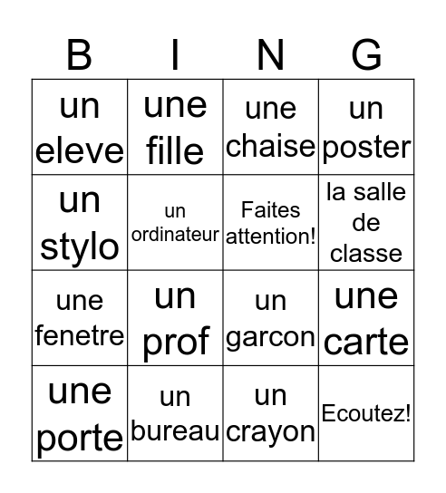 French I Chapter 1 Vocabulary 2 Bingo Card