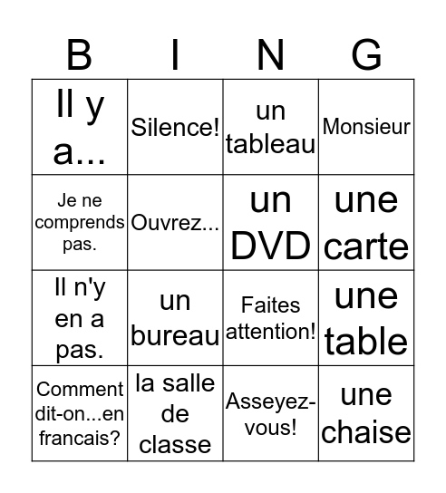 Francais I Chapitre 1, Vocabulaire 2 Bingo Card