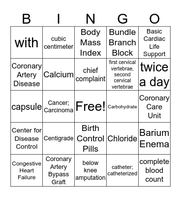 C Abbreviation Week 1 Bingo Card