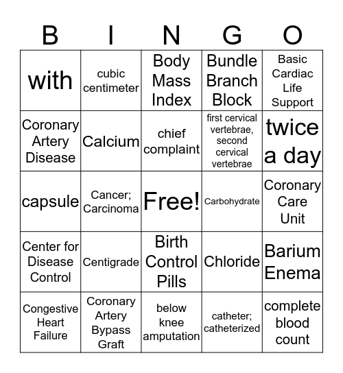 C Abbreviation Week 1 Bingo Card