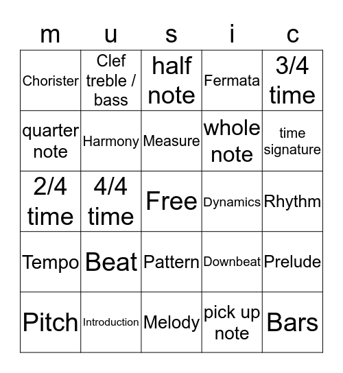 Musical Bingo Card