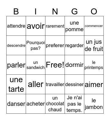 Francais II - Chapitre 1, Vocabulaire 2 et verbes Bingo Card