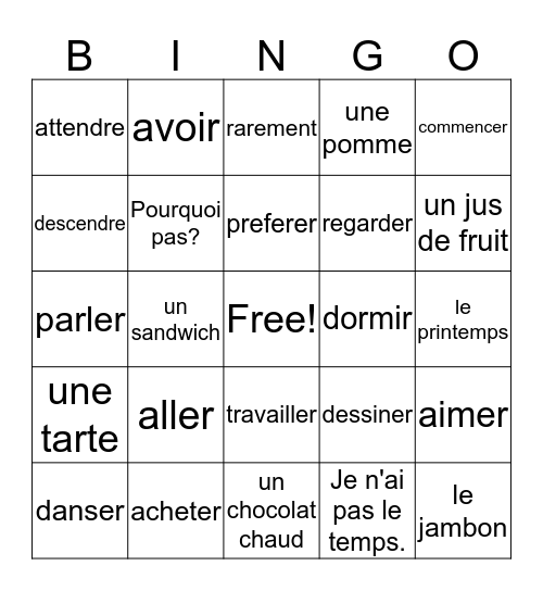 Francais II - Chapitre 1, Vocabulaire 2 et verbes Bingo Card