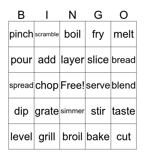 Cooking Bingo  Bingo Card