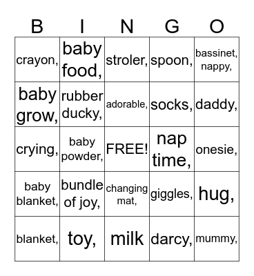 Clare's Baby Shower Bingo Card