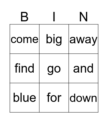 Sight Words Bingo Card