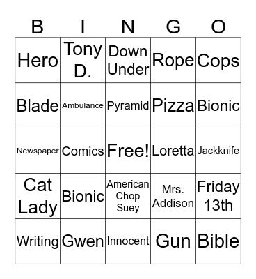 Freak the Mighty Bingo Card