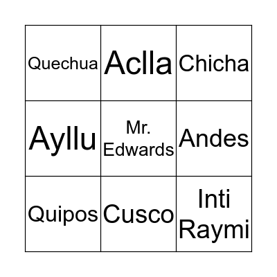 Inca Culture Bingo Card