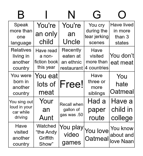 Diversity Bingo Card