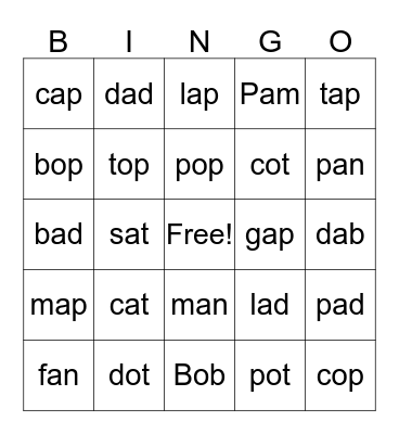 A/O CVC Words Bingo Card