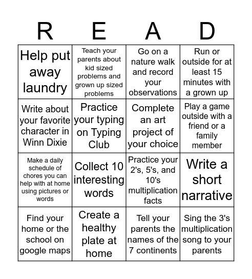 Homework Week of 9/11 Bingo Card