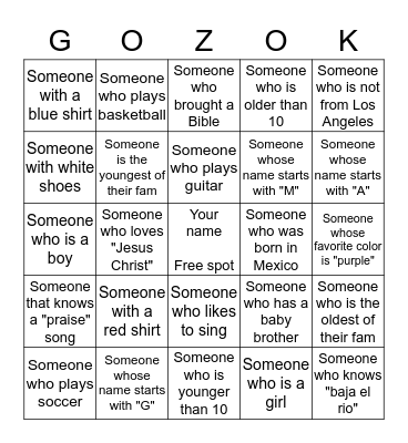 Gozo Kids Ice Breaker Bingo Card