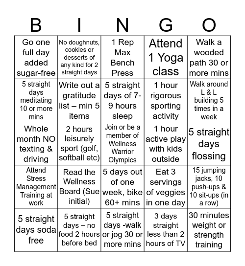L & L Wellness Bingo  Bingo Card