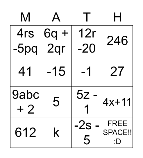 MATH !! :D Bingo Card