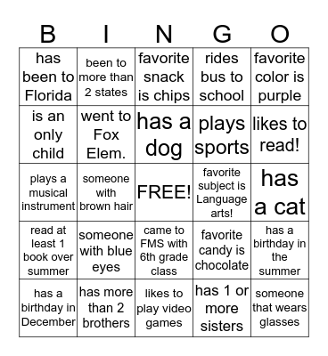 Getting to know your classmates! Bingo Card