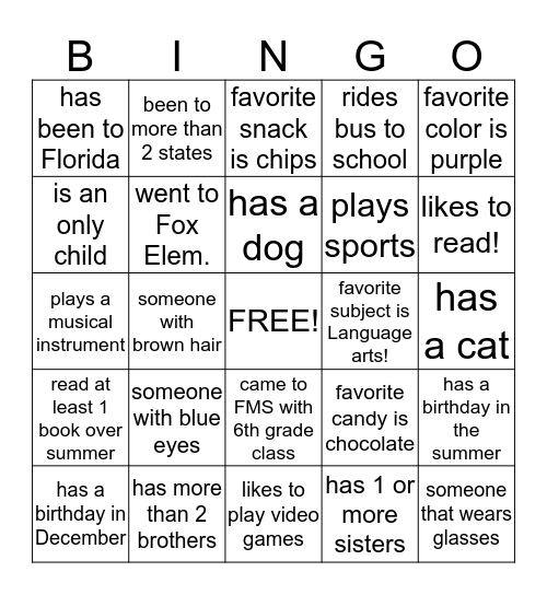 Getting to know your classmates! Bingo Card