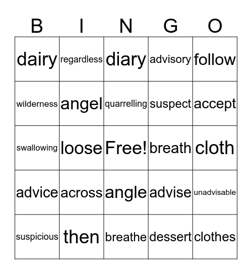 Unit 22 Spelling Bingo Card