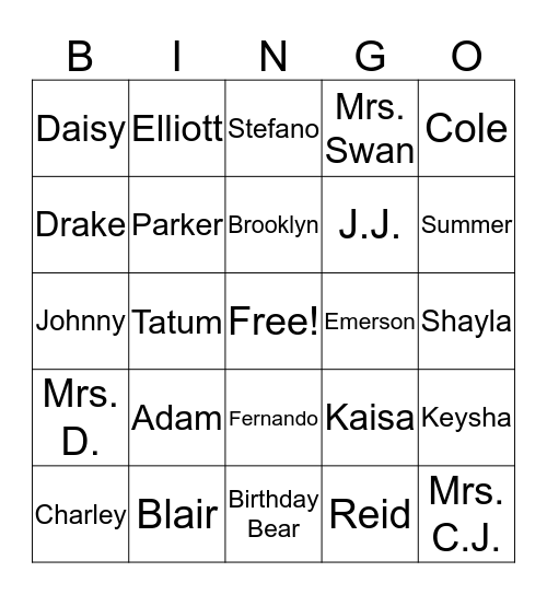 ROOM 6 NAME BINGO! Bingo Card