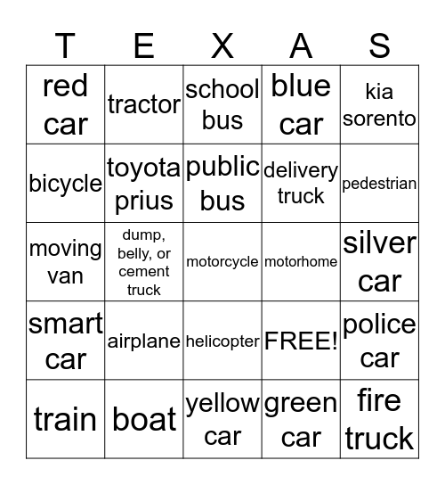 Transportation Bingo Card