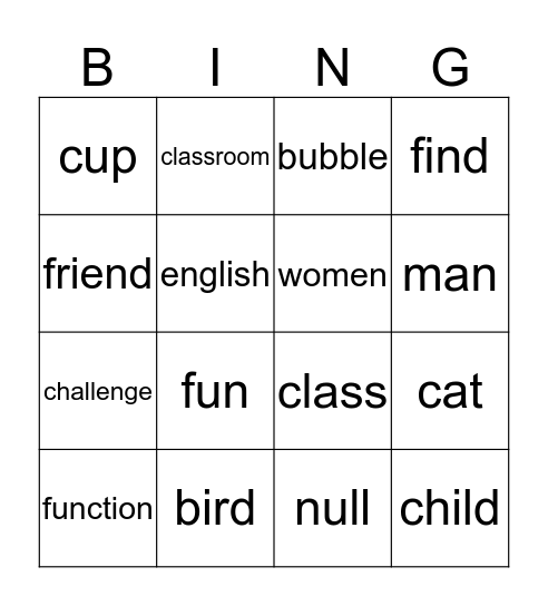 words Bingo Card