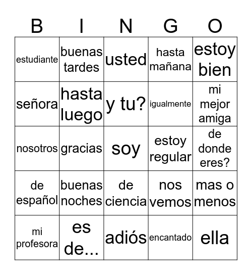 Spanish 1 Hon CH 1 PT 1 Bingo Card