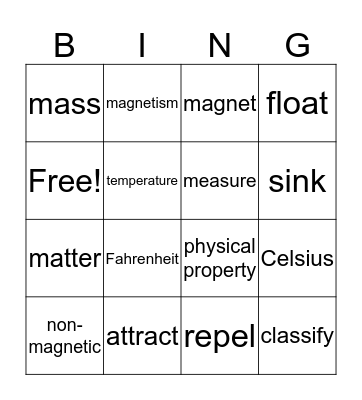 Properties of Matter Bingo Card