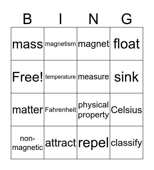 Properties of Matter Bingo Card