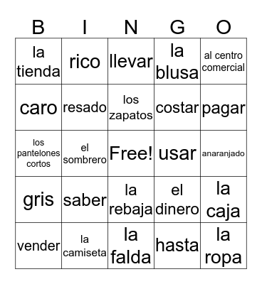 spanish vocab Bingo Card