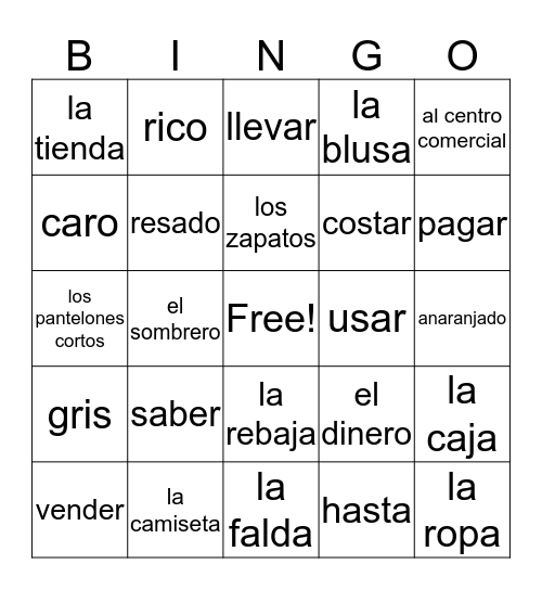 spanish vocab Bingo Card