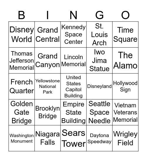 U.S. Landmarks Bingo Card