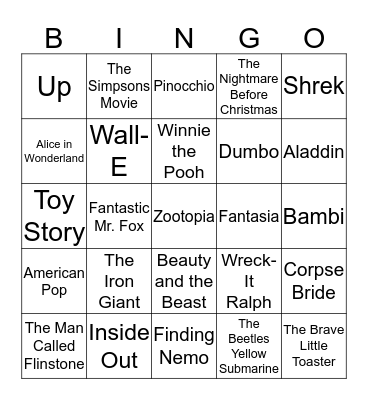 Animated Movies Bingo Card