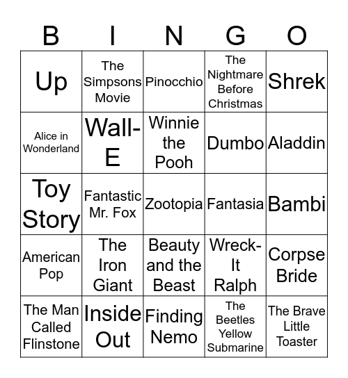 Animated Movies Bingo Card