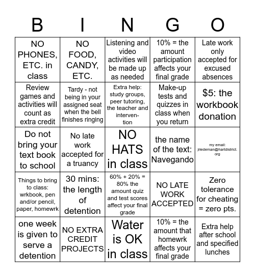 Class Policy Bingo Card