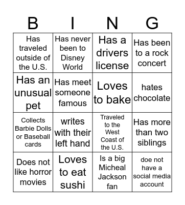 Did you know that.....? Bingo Card